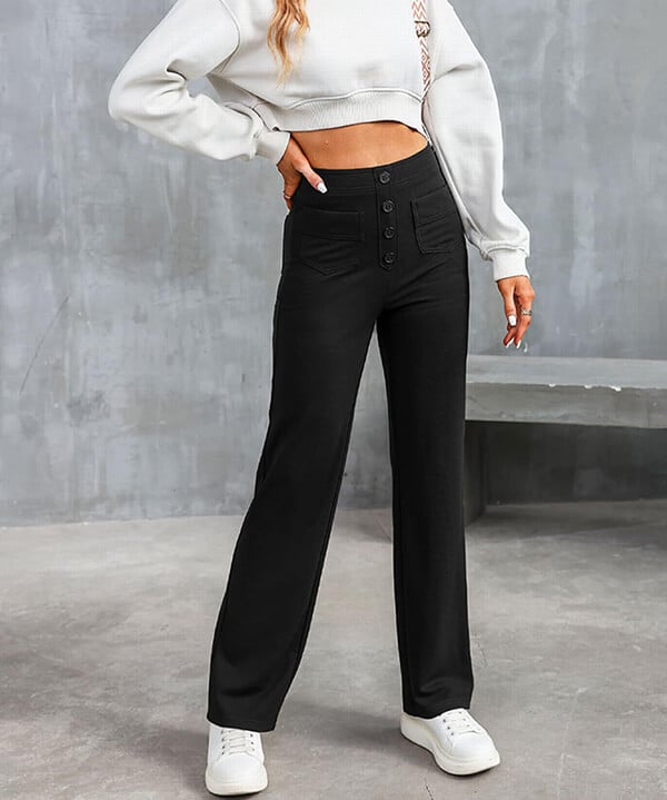 Ovara | Women's Wide-Leg Trousers - High Waist - Button Detail - Relaxed Fit - Full Length