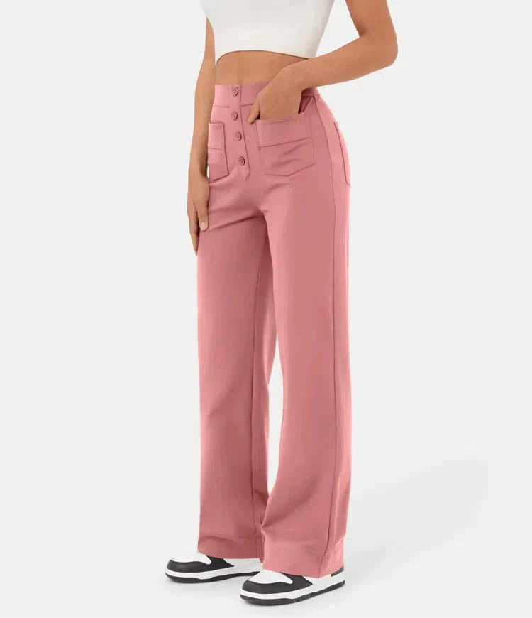 Ovara | Women's Wide-Leg Trousers - High Waist - Button Detail - Relaxed Fit - Full Length
