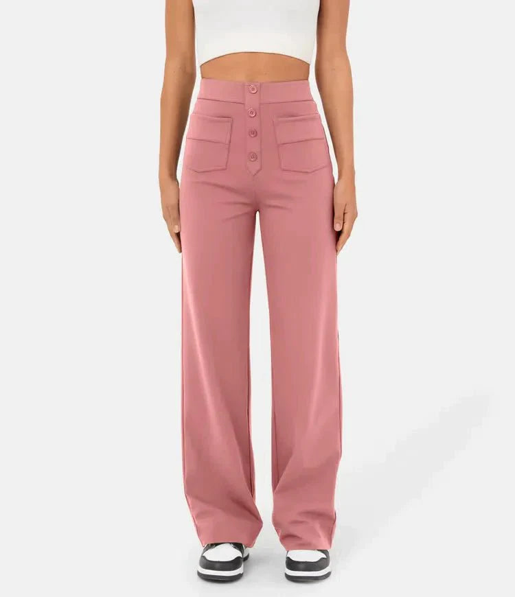 Ovara | Women's Wide-Leg Trousers - High Waist - Button Detail - Relaxed Fit - Full Length