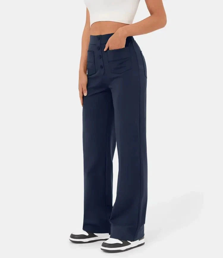 Ovara | Women's Wide-Leg Trousers - High Waist - Button Detail - Relaxed Fit - Full Length