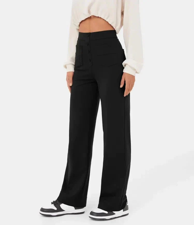 Ovara | Women's Wide-Leg Trousers - High Waist - Button Detail - Relaxed Fit - Full Length
