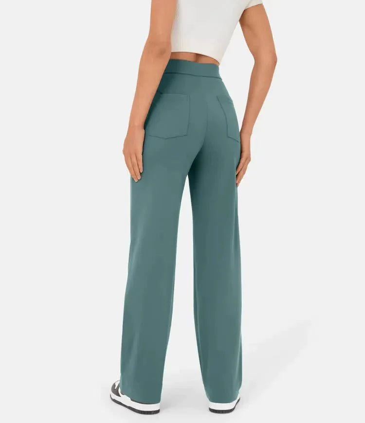 Ovara | Women's Wide-Leg Trousers - High Waist - Button Detail - Relaxed Fit - Full Length