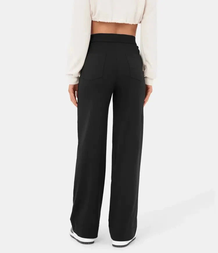 Ovara | Women's Wide-Leg Trousers - High Waist - Button Detail - Relaxed Fit - Full Length