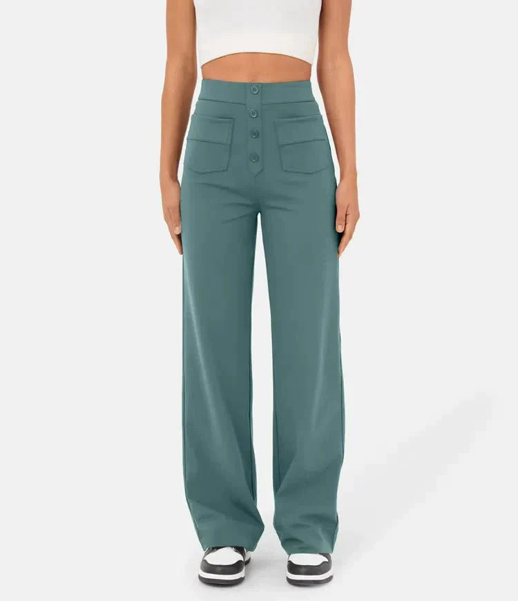 Ovara | Women's Wide-Leg Trousers - High Waist - Button Detail - Relaxed Fit - Full Length
