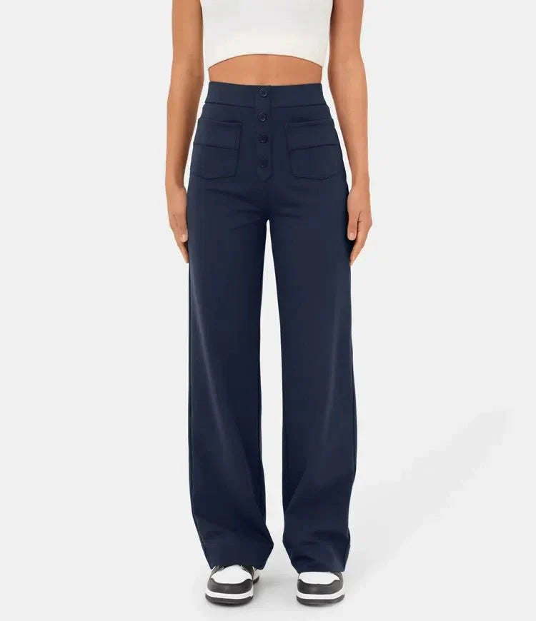 Ovara | Women's Wide-Leg Trousers - High Waist - Button Detail - Relaxed Fit - Full Length