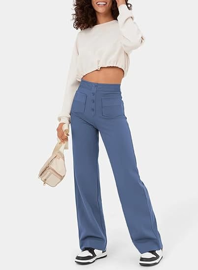 Ovara | Women's Wide-Leg Trousers - High Waist - Button Detail - Relaxed Fit - Full Length