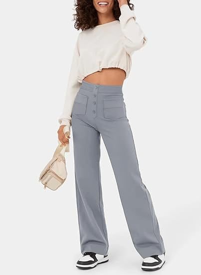 Ovara | Women's Wide-Leg Trousers - High Waist - Button Detail - Relaxed Fit - Full Length