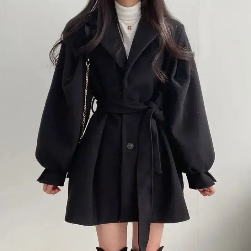 Nalani Women’s Trench Coat – Wool Blend – Belted Waist – Wide Lapel – Mid Length Fit