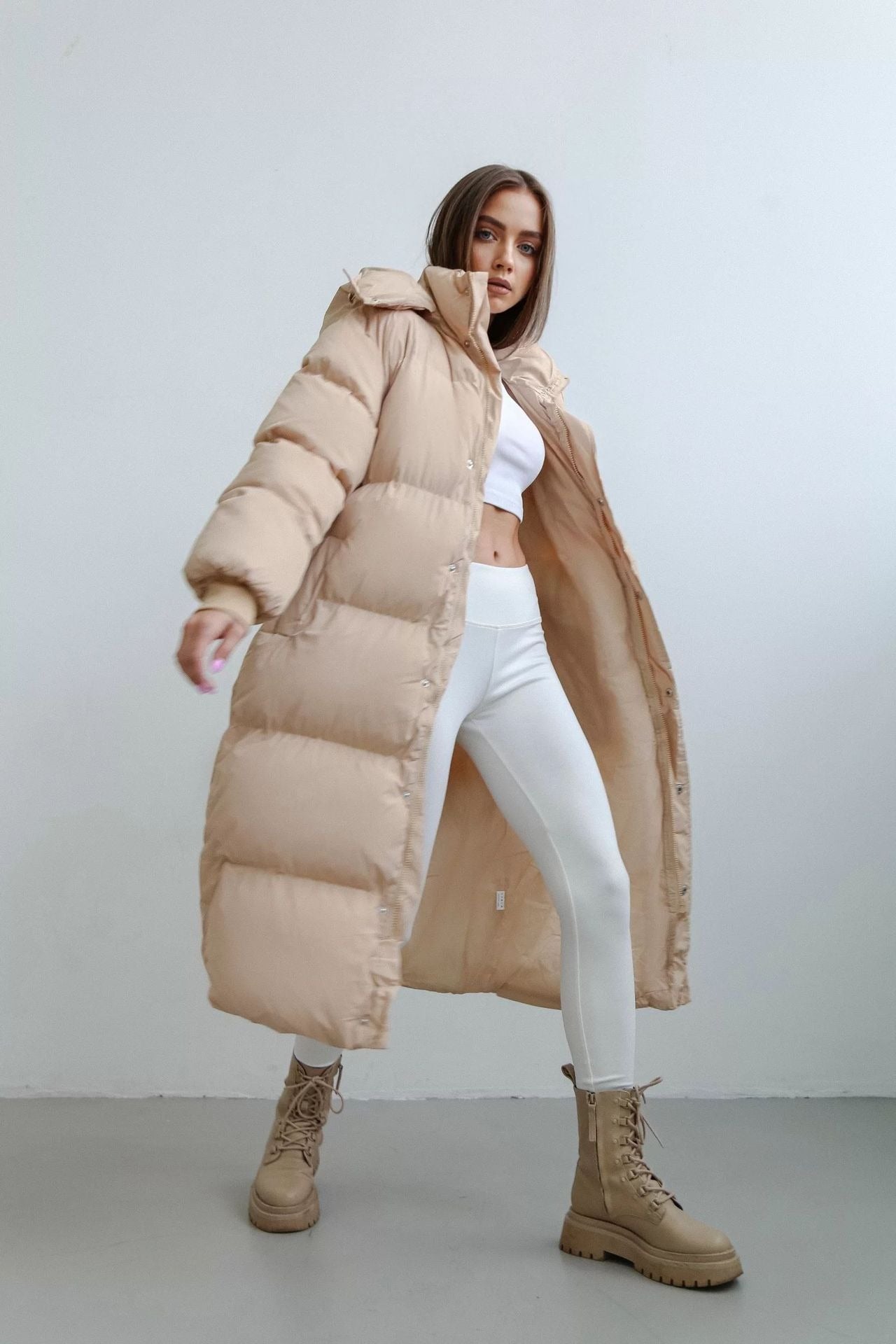 Norvia - Women’s Long Puffer Trench Coat – Oversized Fit – Quilted Insulated – Hooded Zip Closure