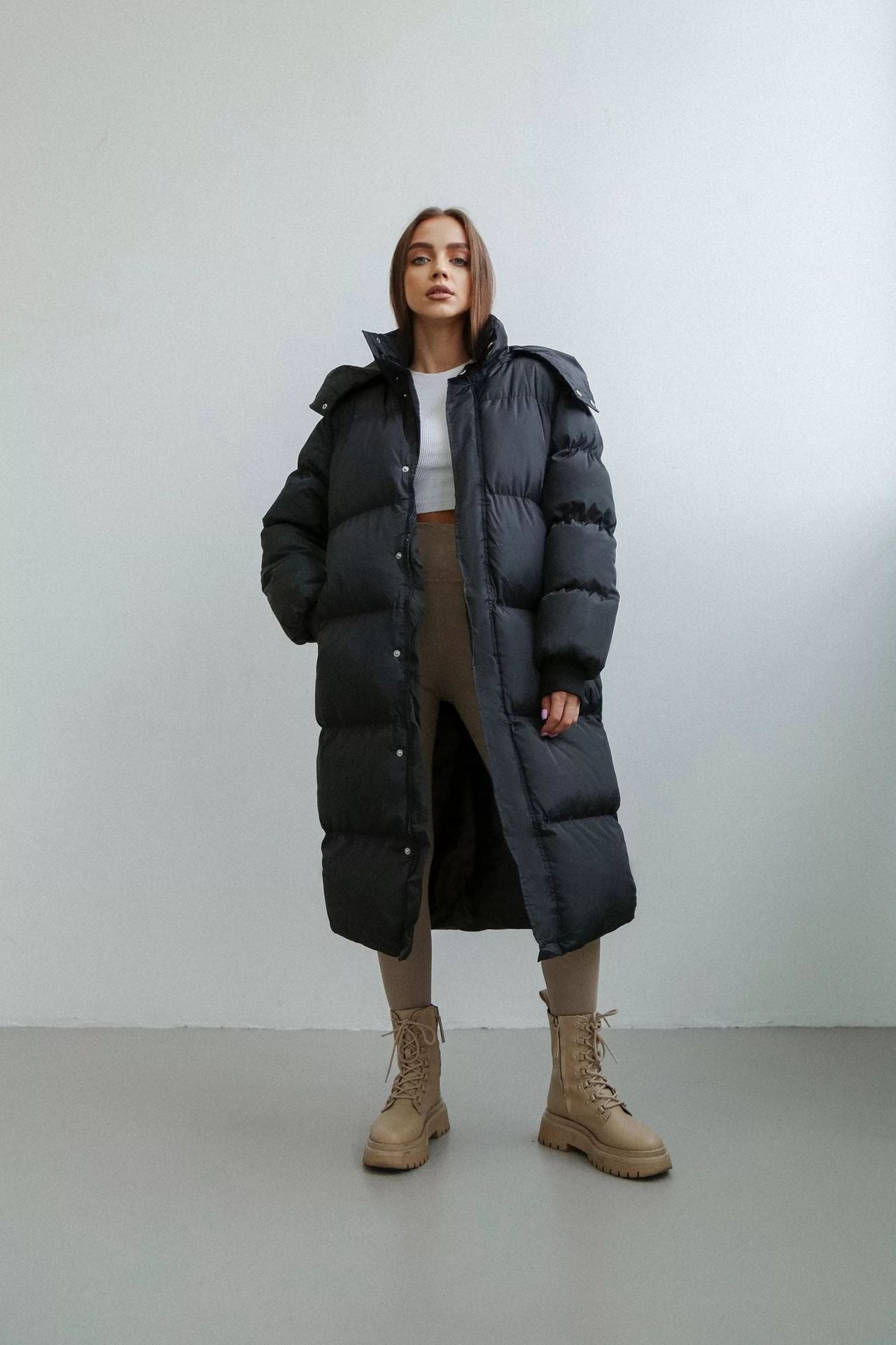 Norvia - Women’s Long Puffer Trench Coat – Oversized Fit – Quilted Insulated – Hooded Zip Closure