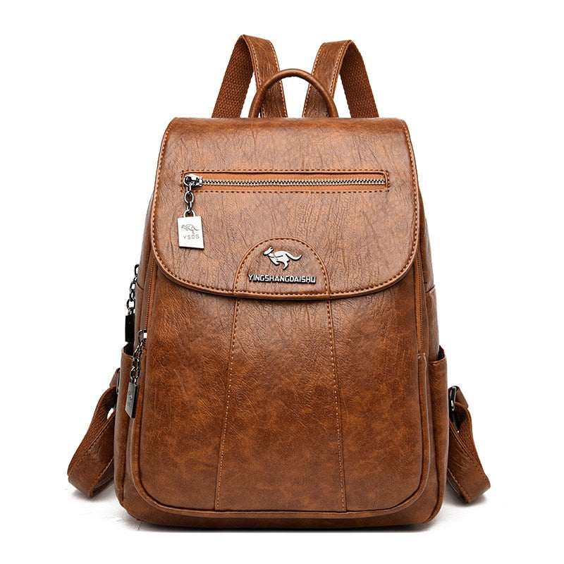 Leather Women Backpack Durable Elegant Daypack For Travel Brown NALANI