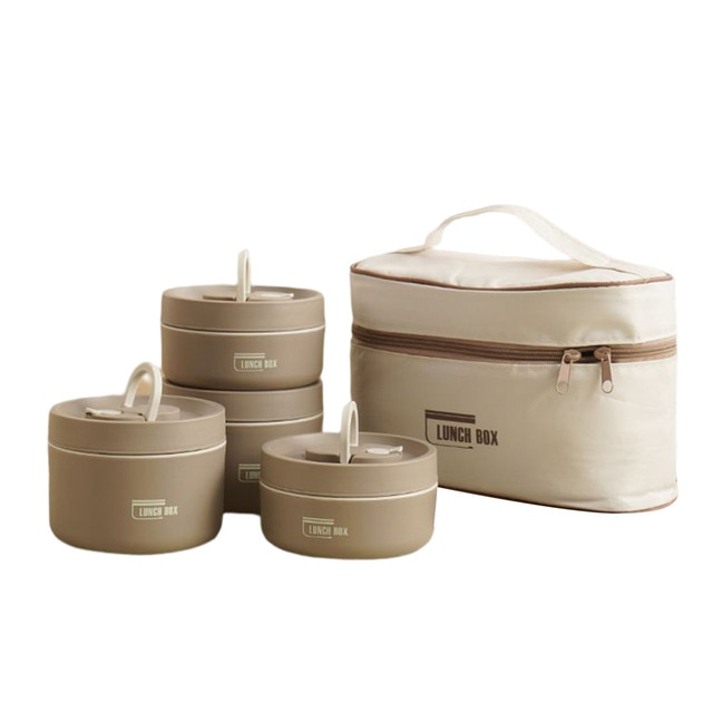 Multi Layer Insulated Lunch Box With Free Carry Bag Brown 2x Small + 2x Large NALANI