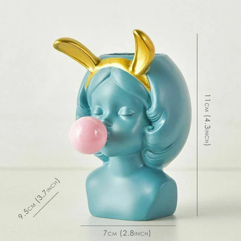 Cute Bubblegum Girl Ceramic Face Vase for Whimsical Home Decor Green with Rabbit Ears NALANI