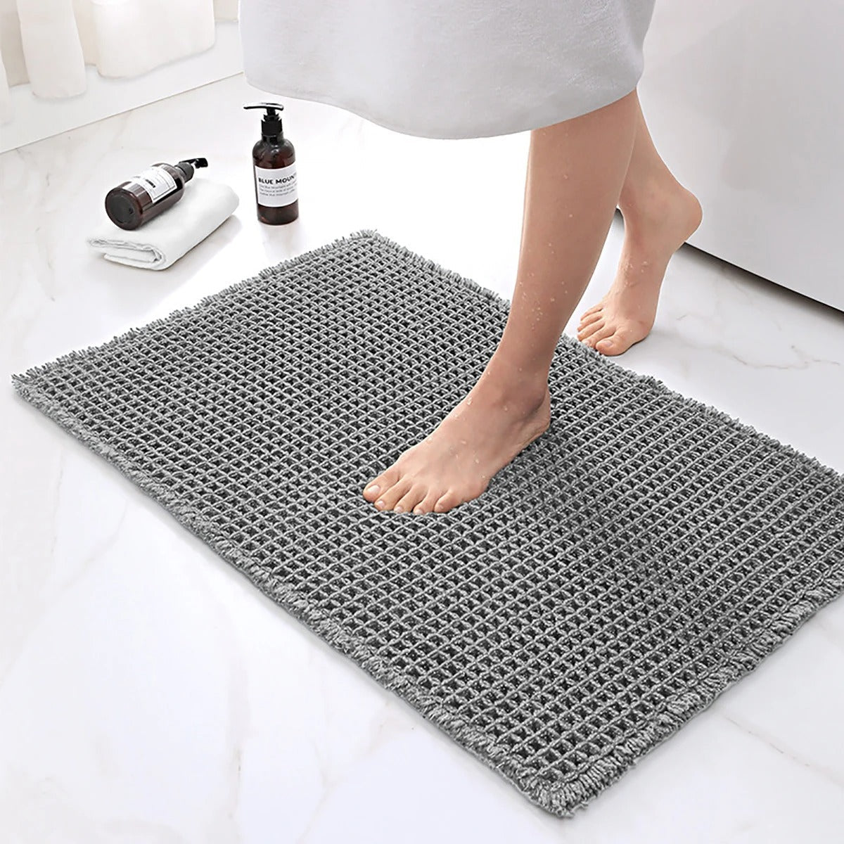 Non Slip Plush Bath Mat With Waffle Design Absorbent Grey NALANI