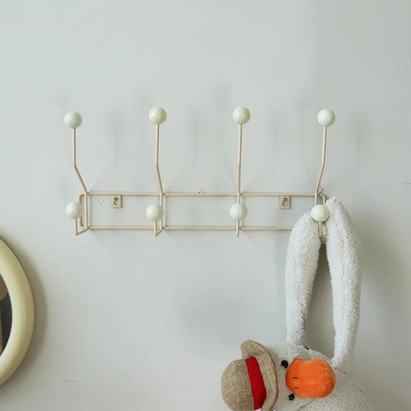 Wrought Iron Wall Rack With Solid Wood Ball Hooks Organizer 8-white NALANI