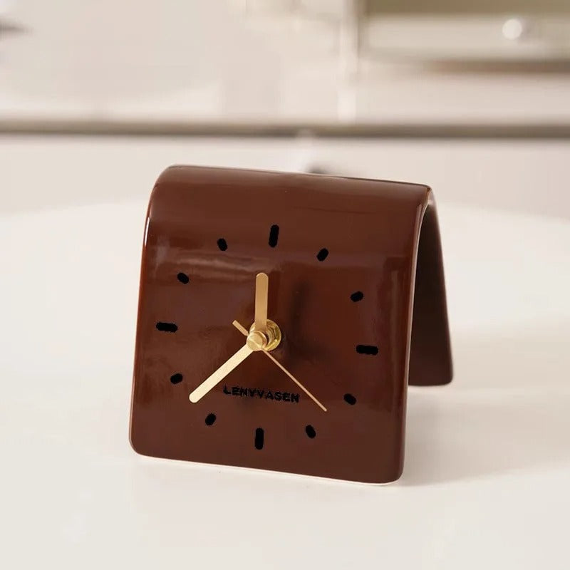 Handcrafted Ceramic Desk Clock For Modern Minimalist Decor Brown NALANI