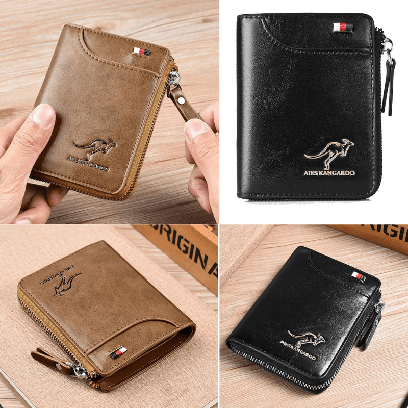 Leather RFID Protected Zipper Wallet for Men Waterproof 1 Khaki 1 Black NALANI
