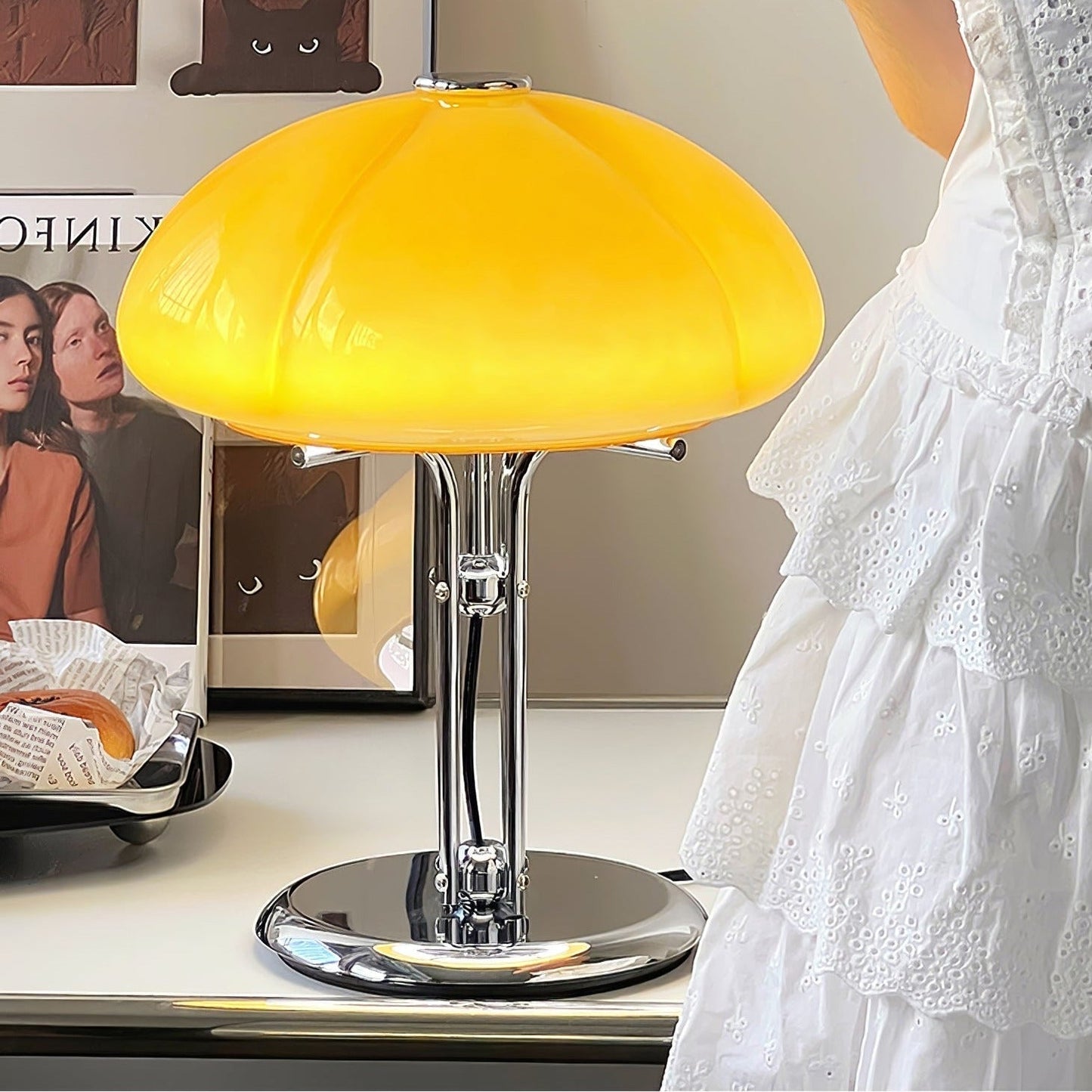 Mushroom Bauhaus Tablelamp with Amber Glass Shade and Metal Base NaLani