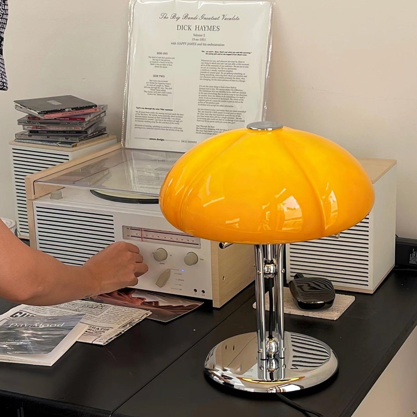 Mushroom Bauhaus Tablelamp with Amber Glass Shade and Metal Base NaLani