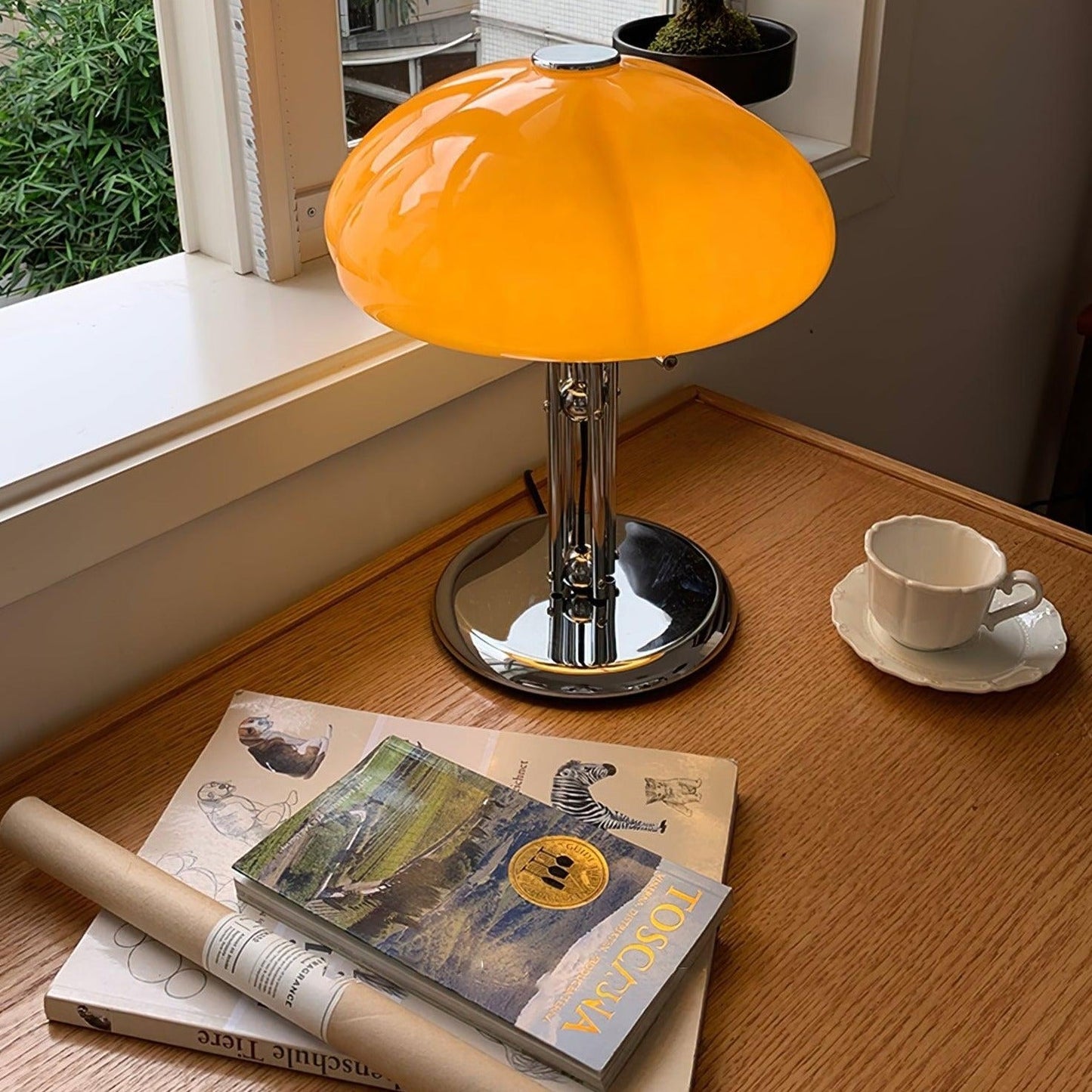 Mushroom Bauhaus Tablelamp with Amber Glass Shade and Metal Base NaLani