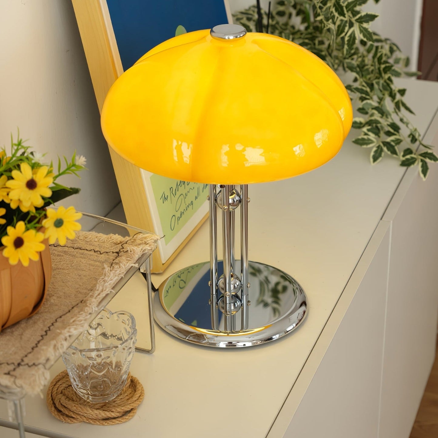 Mushroom Bauhaus Tablelamp with Amber Glass Shade and Metal Base NaLani