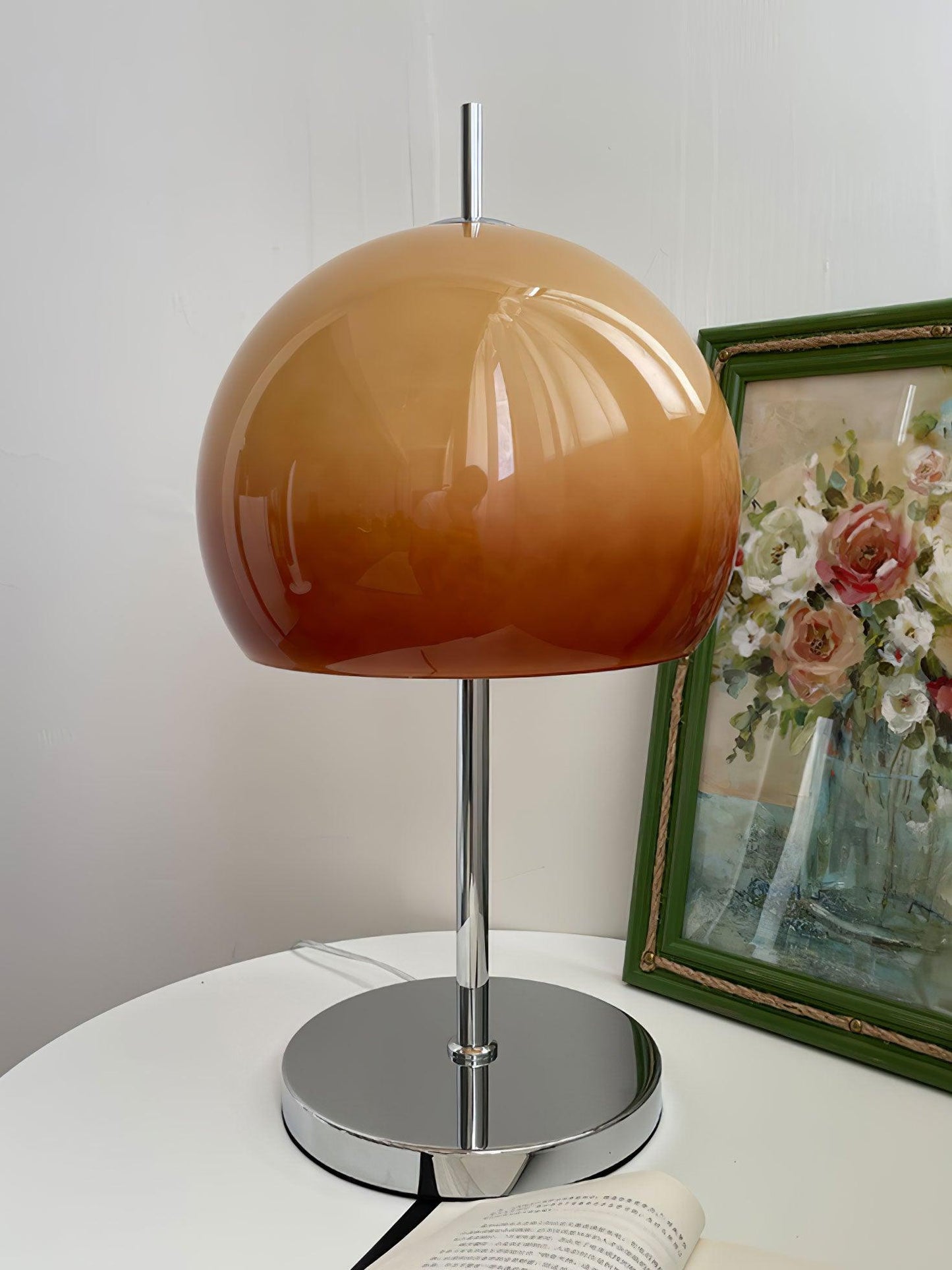 Mushroom Bauhaus Tablelamp with Amber Glass Shade and Metal Base NaLani