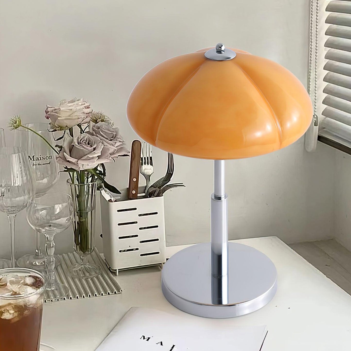 Mushroom Bauhaus Tablelamp with Amber Glass Shade and Metal Base NaLani