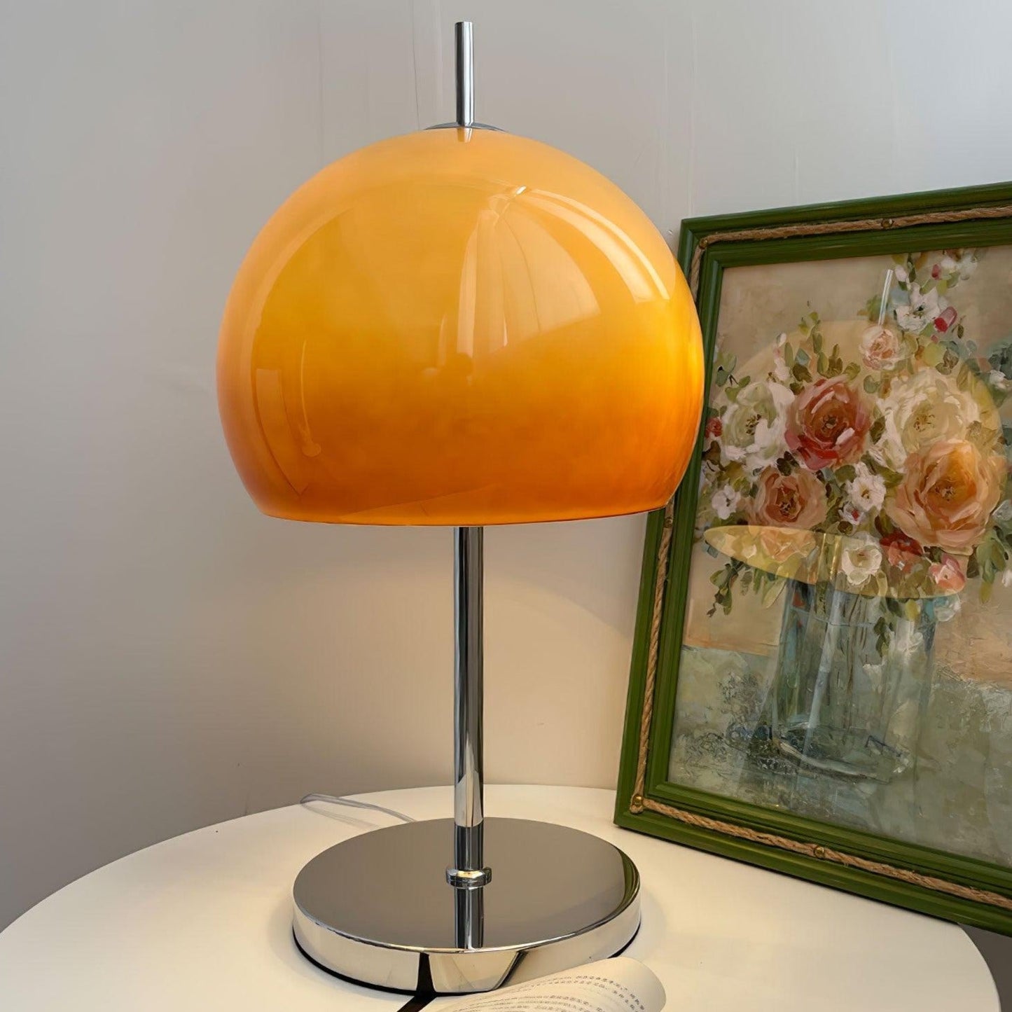 Mushroom Bauhaus Tablelamp with Amber Glass Shade and Metal Base NaLani