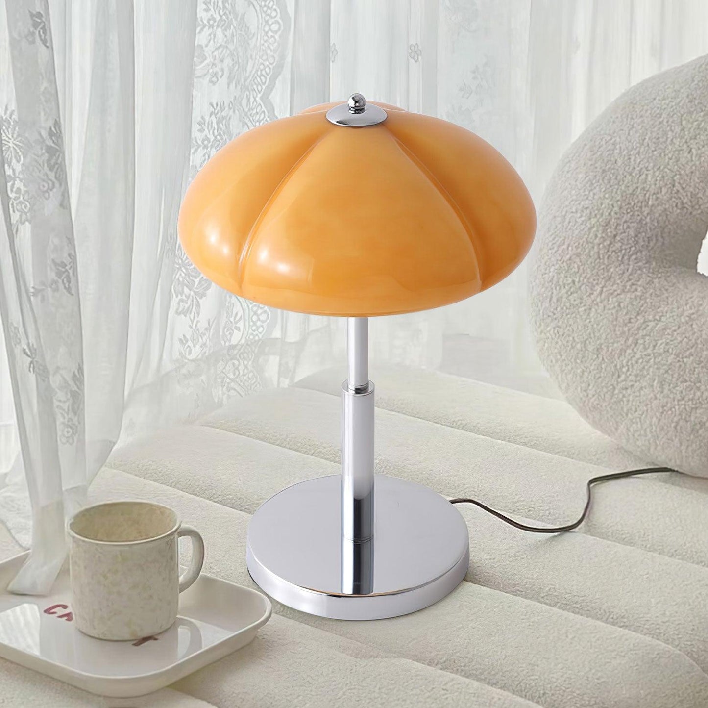 Mushroom Bauhaus Tablelamp with Amber Glass Shade and Metal Base NaLani