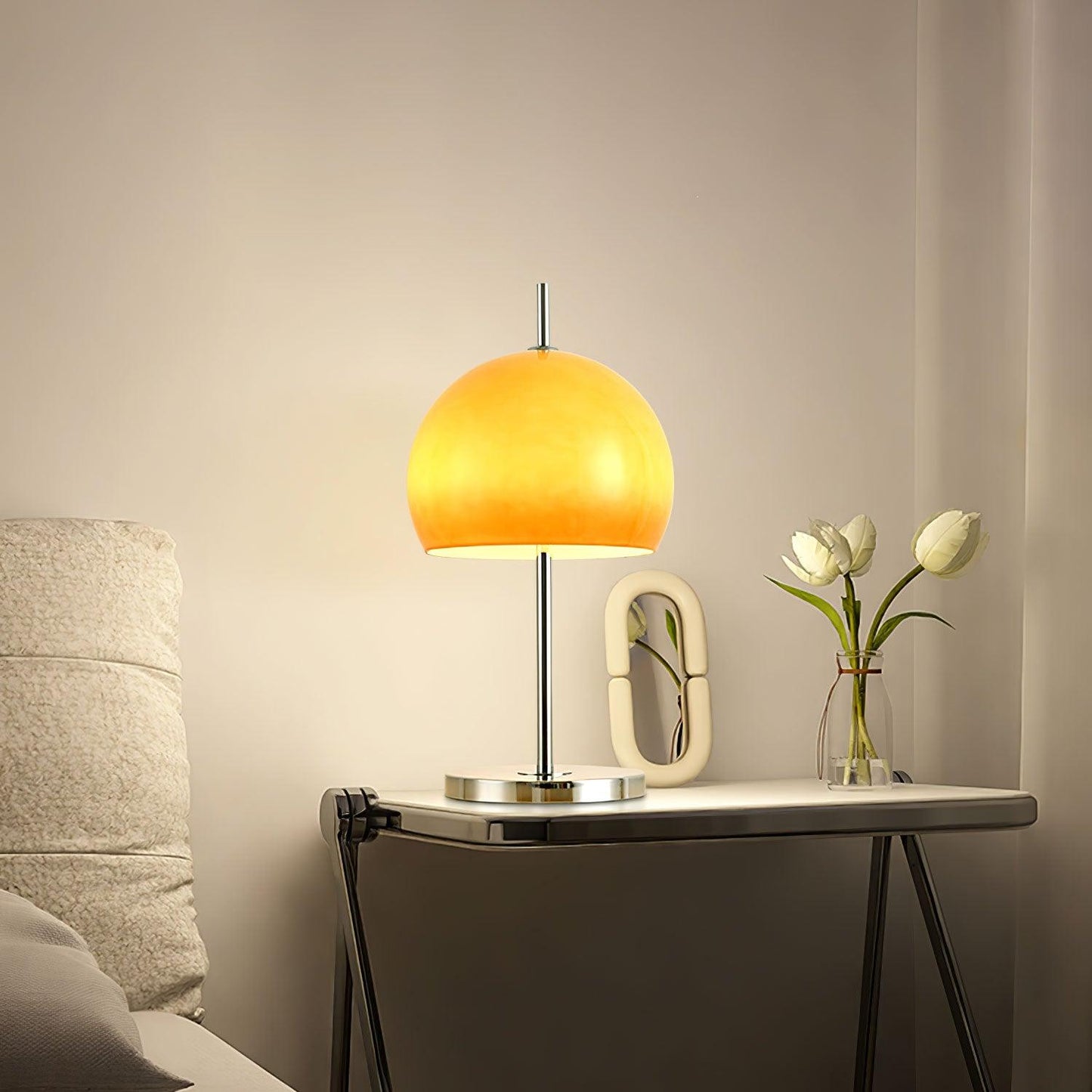 Mushroom Bauhaus Tablelamp with Amber Glass Shade and Metal Base NaLani