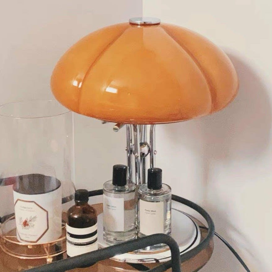 Mushroom Bauhaus Tablelamp with Amber Glass Shade and Metal Base NaLani