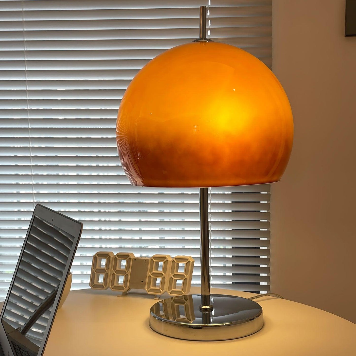 Mushroom Bauhaus Tablelamp with Amber Glass Shade and Metal Base NaLani