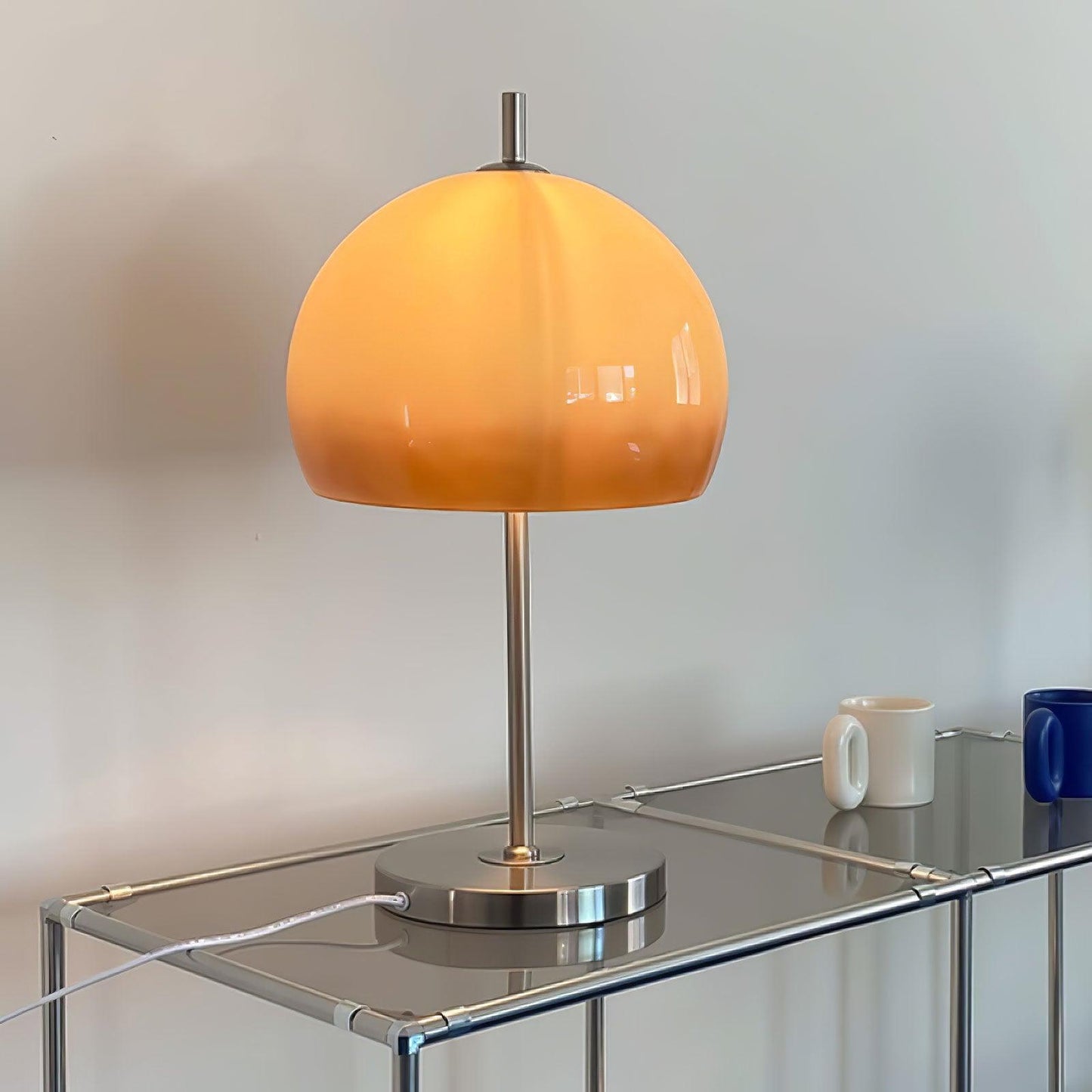 Mushroom Bauhaus Tablelamp with Amber Glass Shade and Metal Base NaLani