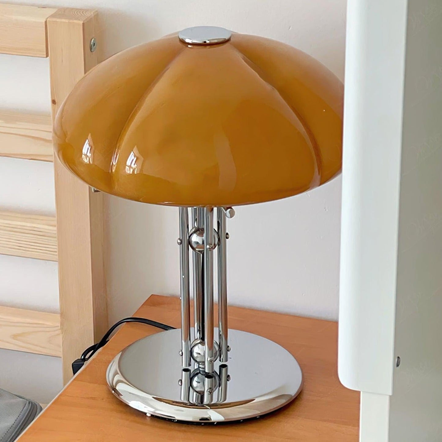 Mushroom Bauhaus Tablelamp with Amber Glass Shade and Metal Base NaLani