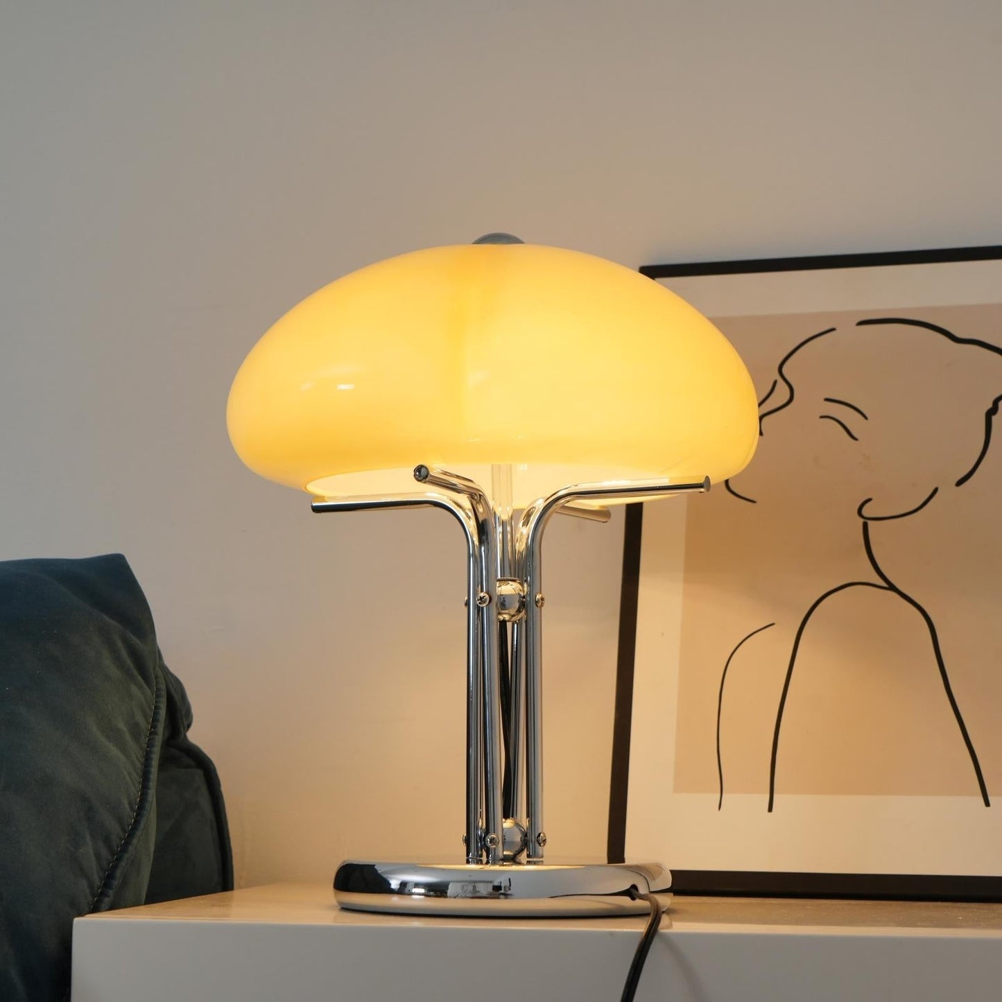 Mushroom Bauhaus Tablelamp with Amber Glass Shade and Metal Base NaLani
