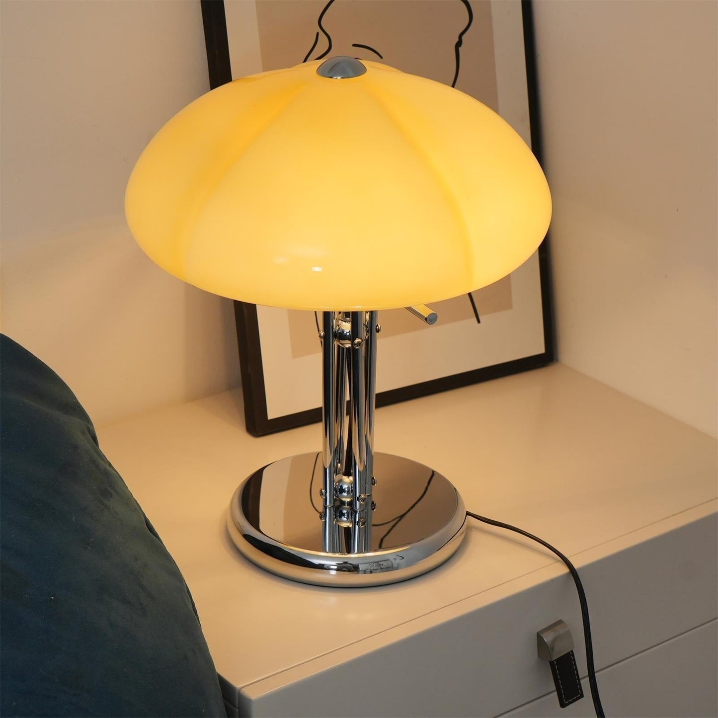 Mushroom Bauhaus Tablelamp with Amber Glass Shade and Metal Base NaLani