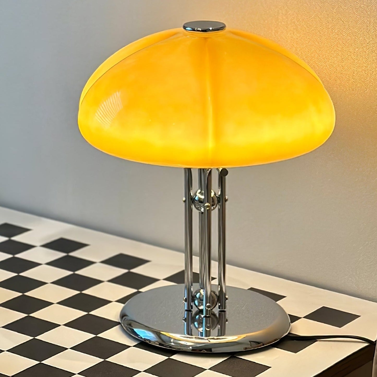 Mushroom Bauhaus Tablelamp with Amber Glass Shade and Metal Base NaLani