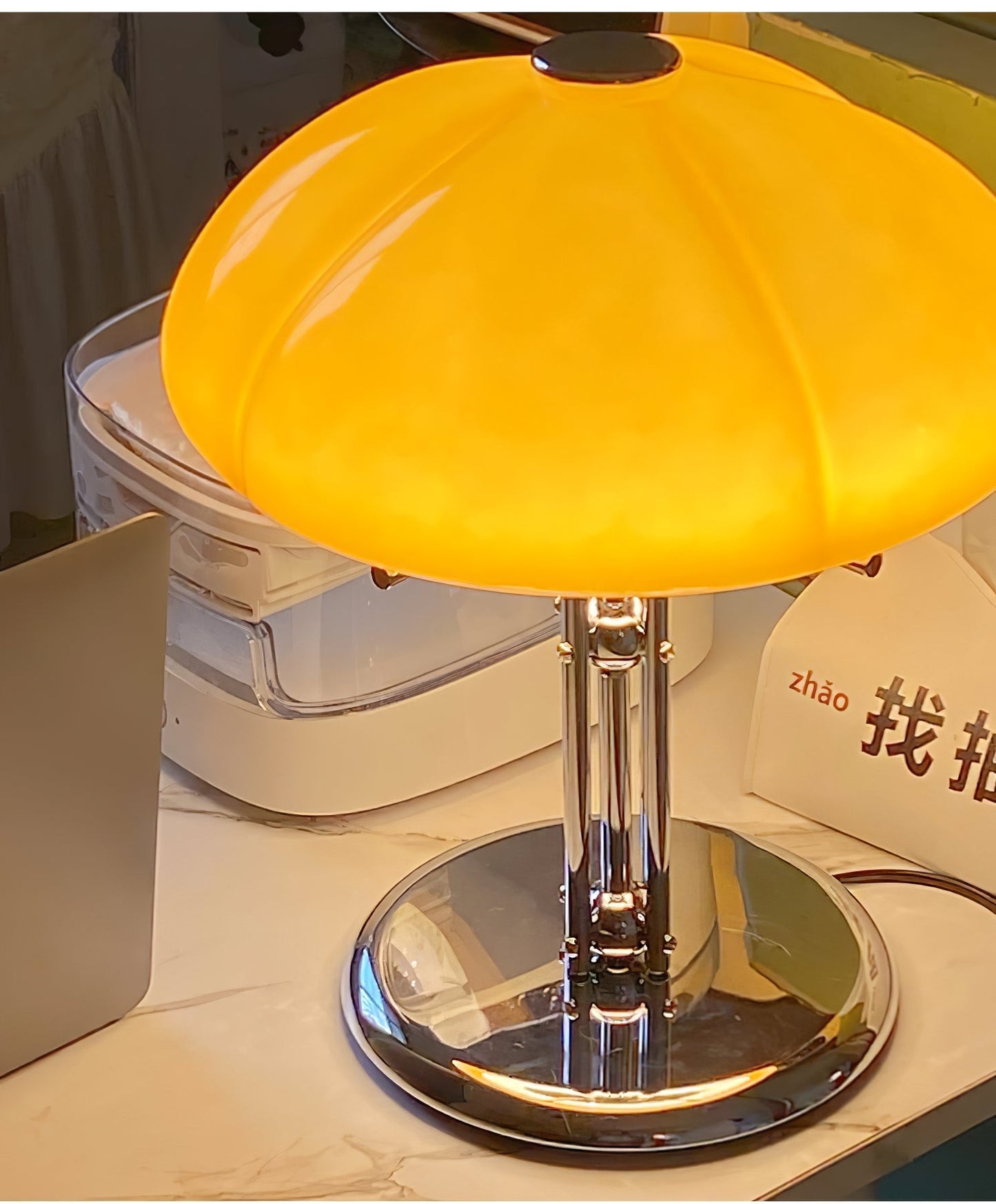 Mushroom Bauhaus Tablelamp with Amber Glass Shade and Metal Base NaLani