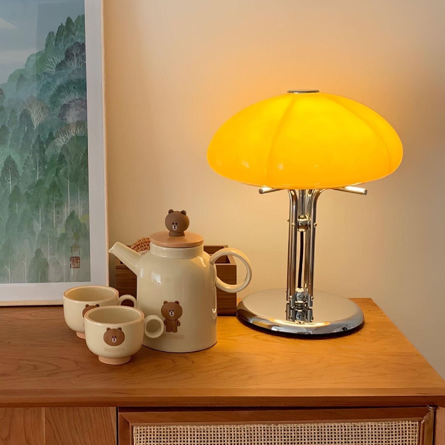 Mushroom Bauhaus Tablelamp with Amber Glass Shade and Metal Base NaLani
