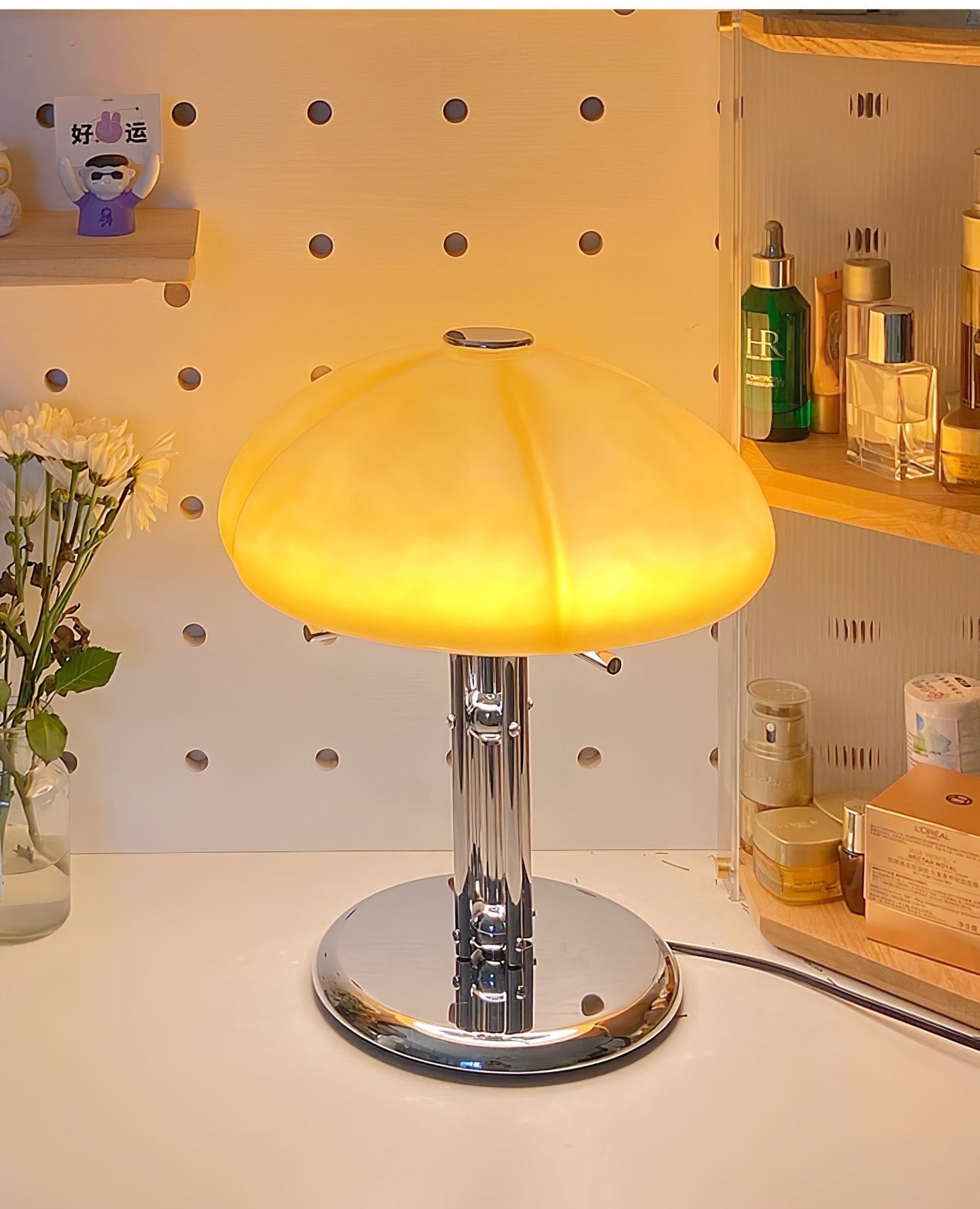 Mushroom Bauhaus Tablelamp with Amber Glass Shade and Metal Base NaLani