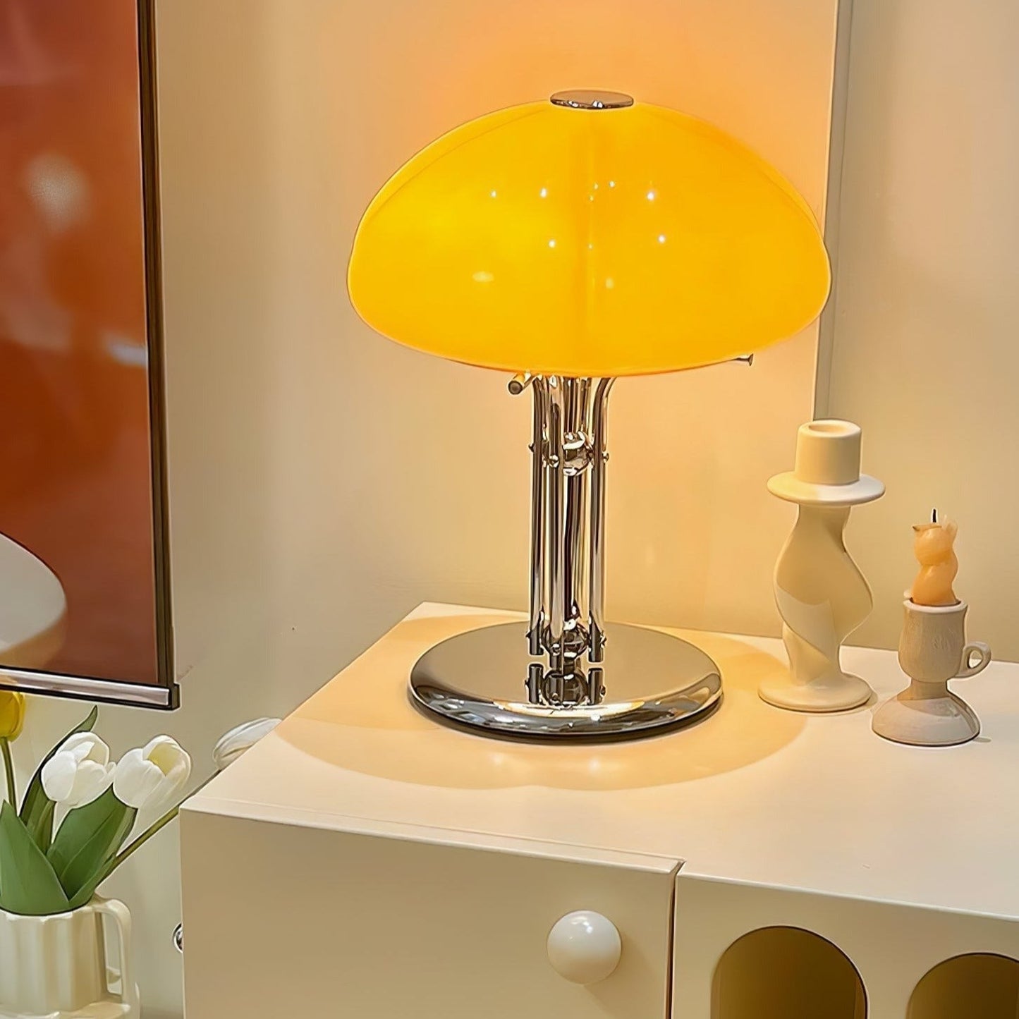 Mushroom Bauhaus Tablelamp with Amber Glass Shade and Metal Base NaLani