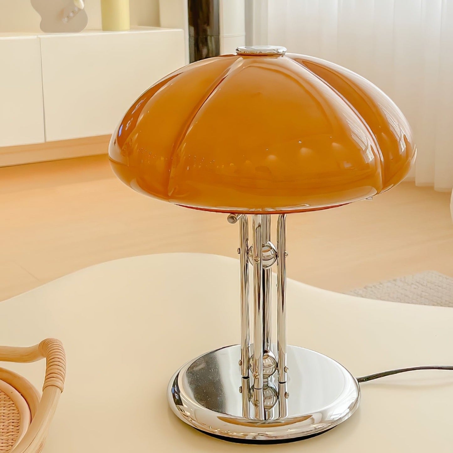 Mushroom Bauhaus Tablelamp with Amber Glass Shade and Metal Base NaLani