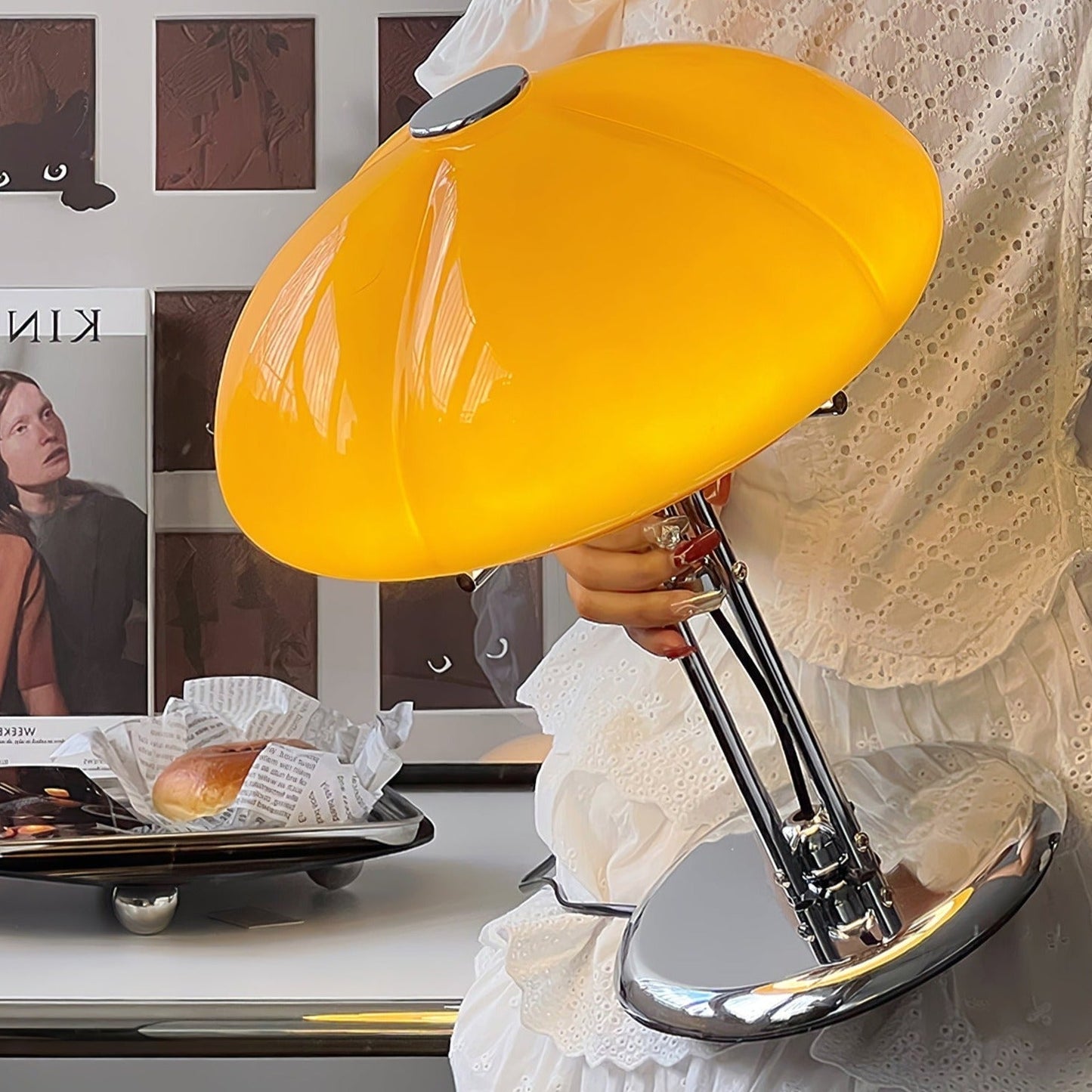 Mushroom Bauhaus Tablelamp with Amber Glass Shade and Metal Base NaLani
