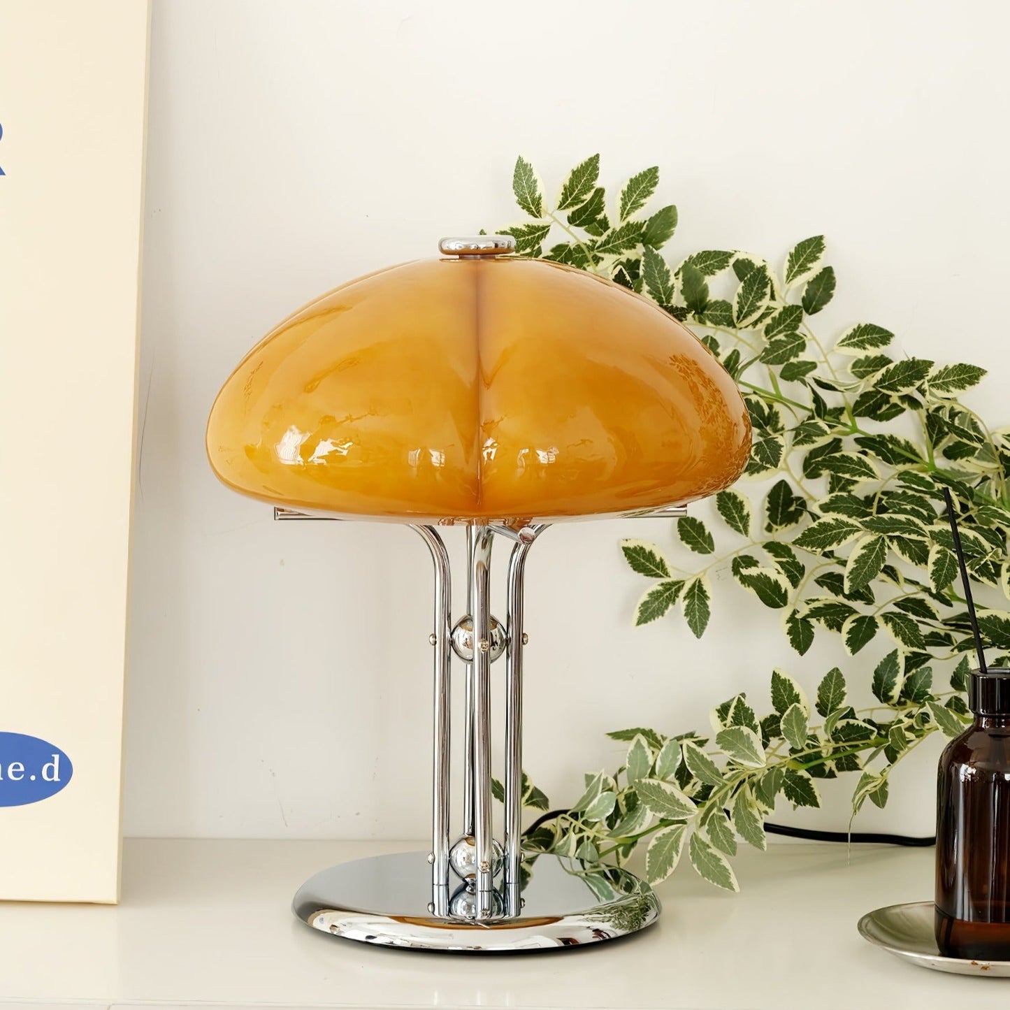 Mushroom Bauhaus Tablelamp with Amber Glass Shade and Metal Base NaLani