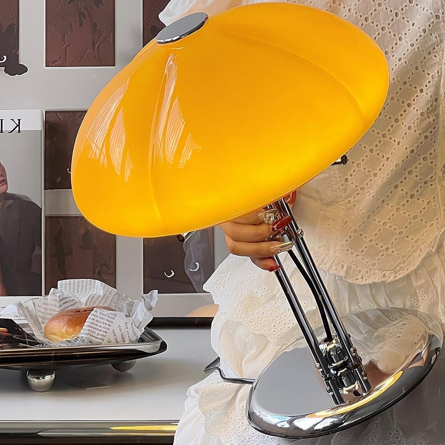 Mushroom Bauhaus Tablelamp with Amber Glass Shade and Metal Base NaLani