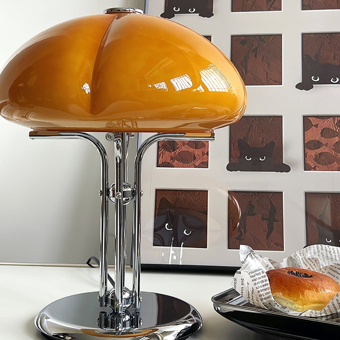 Mushroom Bauhaus Tablelamp with Amber Glass Shade and Metal Base NaLani