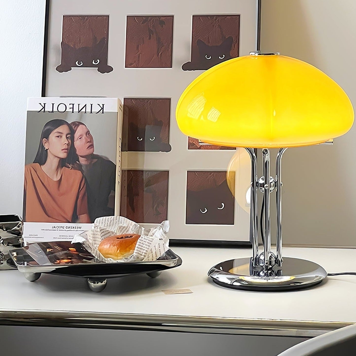 Mushroom Bauhaus Tablelamp with Amber Glass Shade and Metal Base NaLani