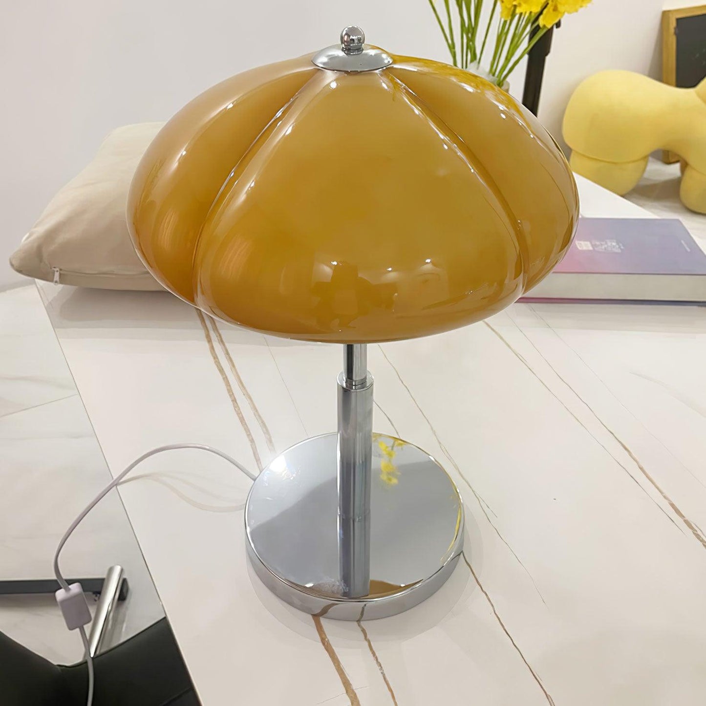 Mushroom Bauhaus Tablelamp with Amber Glass Shade and Metal Base NaLani