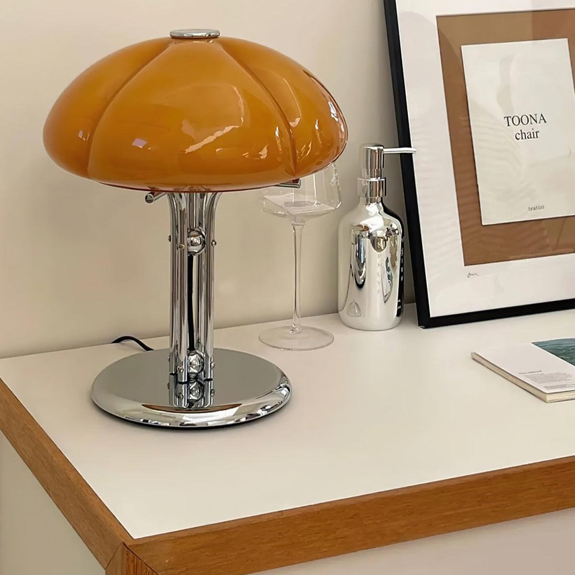 Mushroom Bauhaus Tablelamp with Amber Glass Shade and Metal Base NaLani