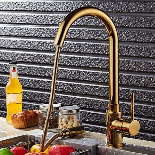 Gold Finish Single Hole Kitchen Faucet With Pull Sprayer - Nalani - UK Fashion Clothing and Decor